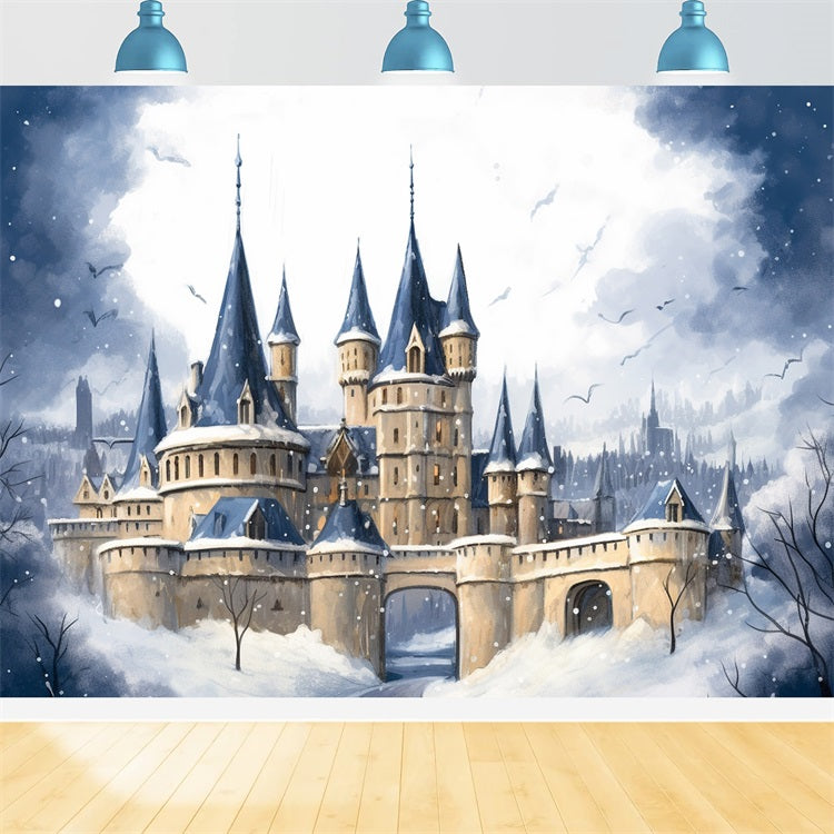 Winter Mysterious Castle Under Dark Cloudy Sky Backdrop BRP10-37