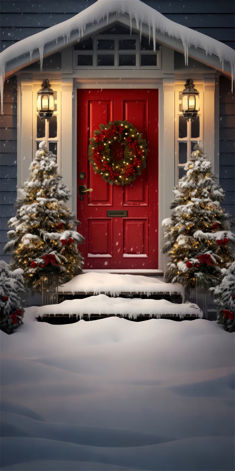 Christmas Snowy Porch Sweep Red Door Backdrop BRP10-507