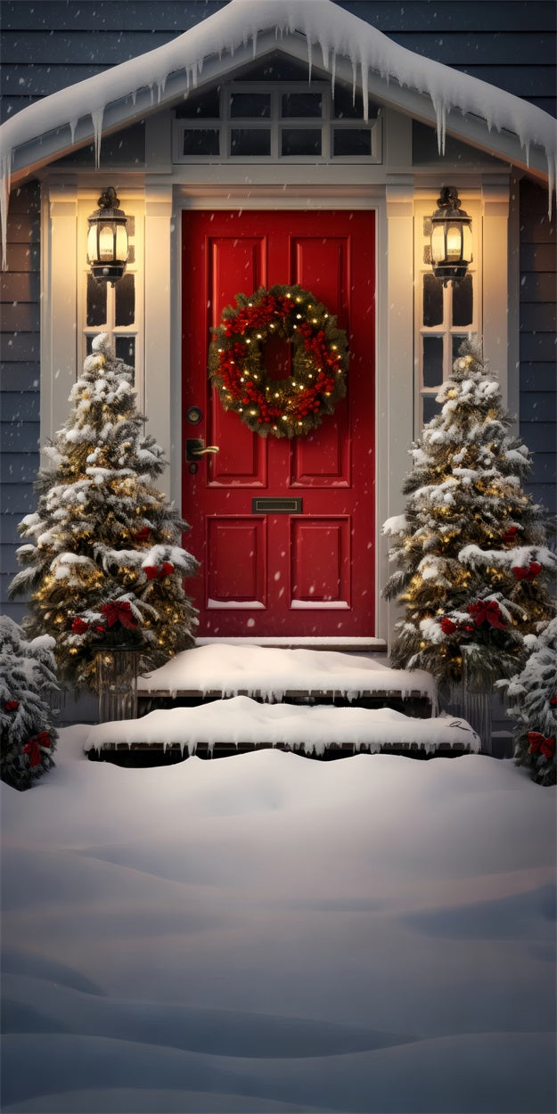 Christmas Snowy Porch Sweep Red Door Backdrop BRP10-507