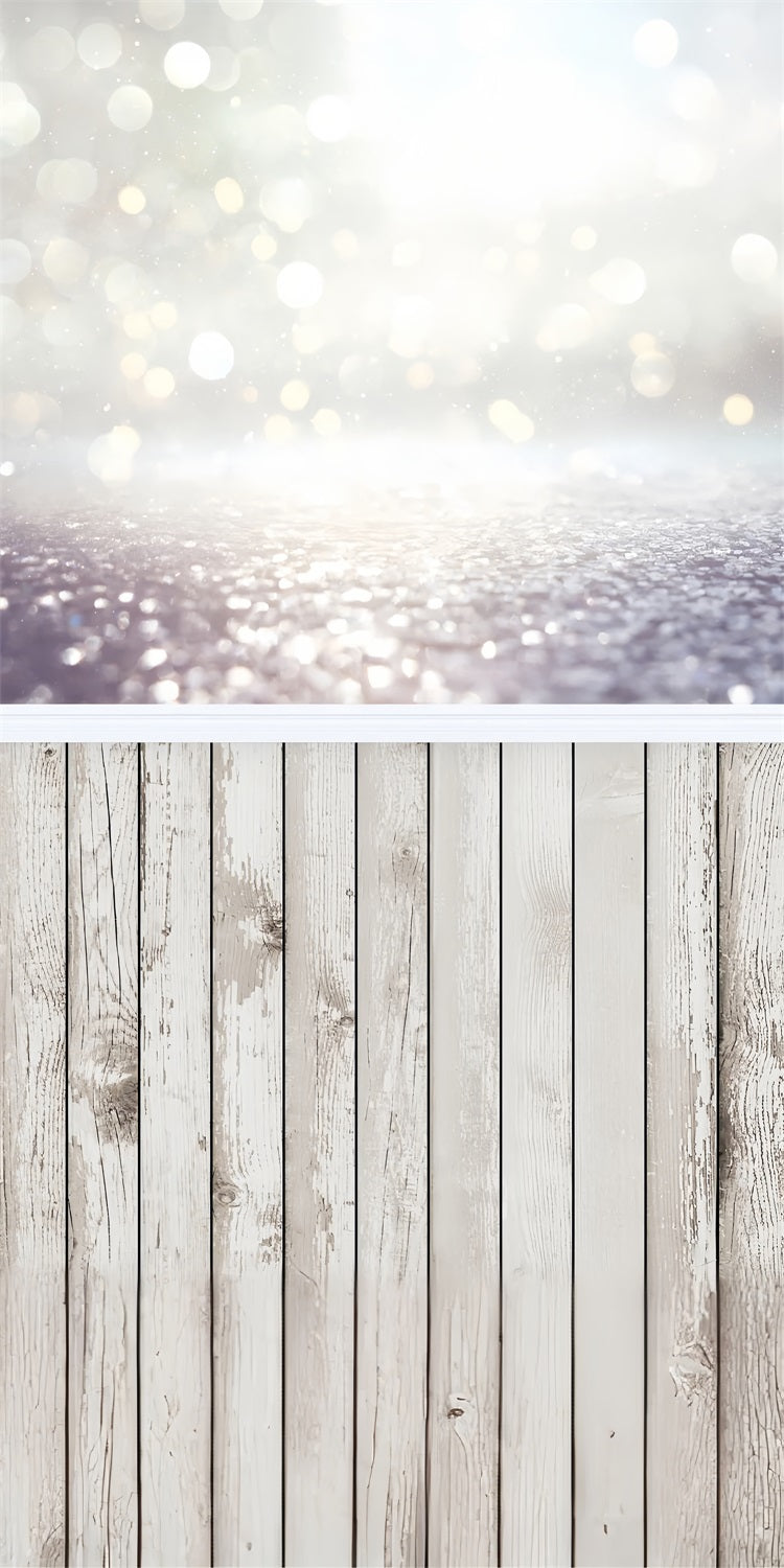 Bokeh Sparkle White Wood Sweep Floor Backdrop BRP10-534