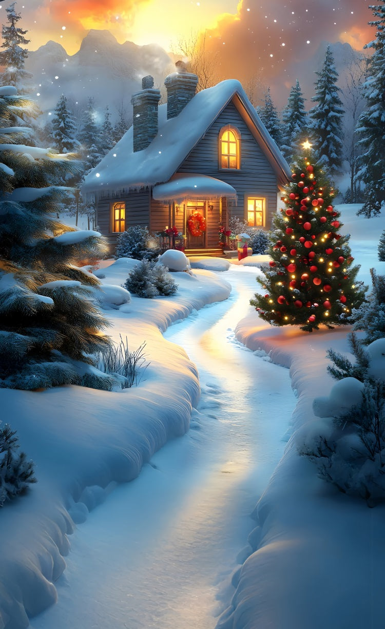 Snowy Christmas Eve Sweep Cabin Light Backdrop BRP10-553