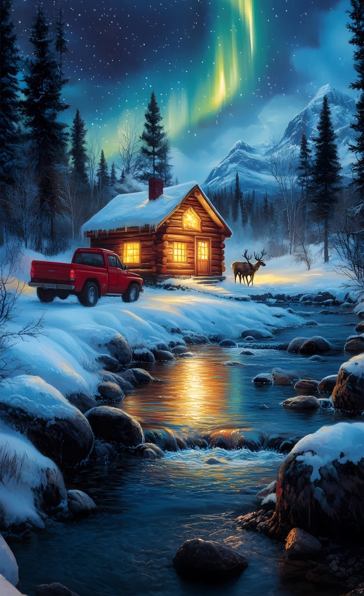 Winter Snowy Cabin Sweep Aurora River Backdrop BRP10-556