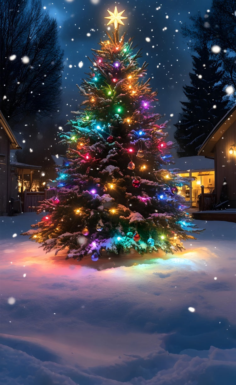 Colorful Christmas Tree Under Snowfall Sweep Backdrop BRP10-558