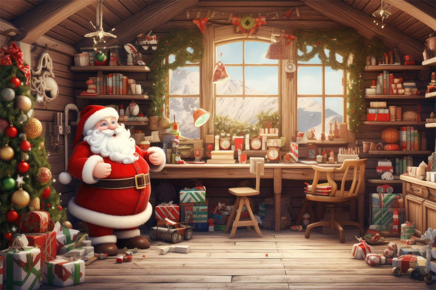 Christmas Window Backdrop Santa's Workshop Gifts Backdrop BRP11-117