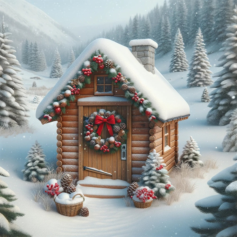 Backdrop Christmas Snow-Dusted Cabin Vibrant Wreath Backdrop BRP11-157