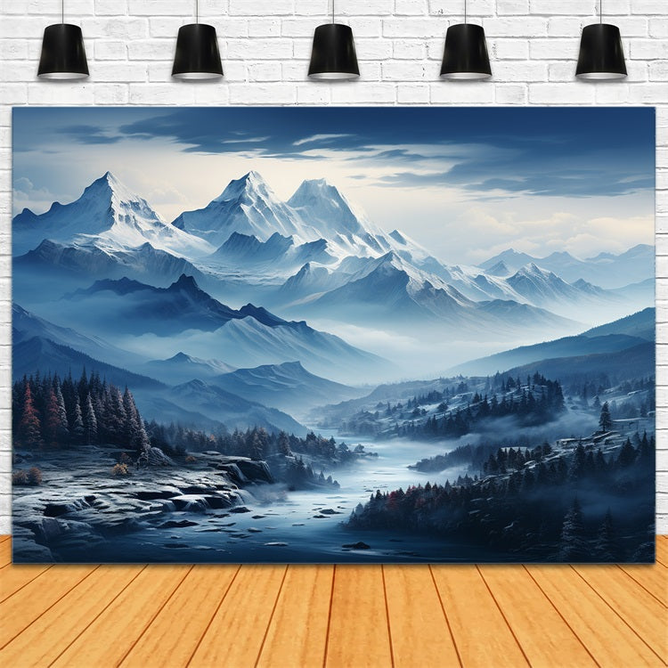 Winter Photography Backdrops Snowy Blue Mountain River Backdrop BRP11-258