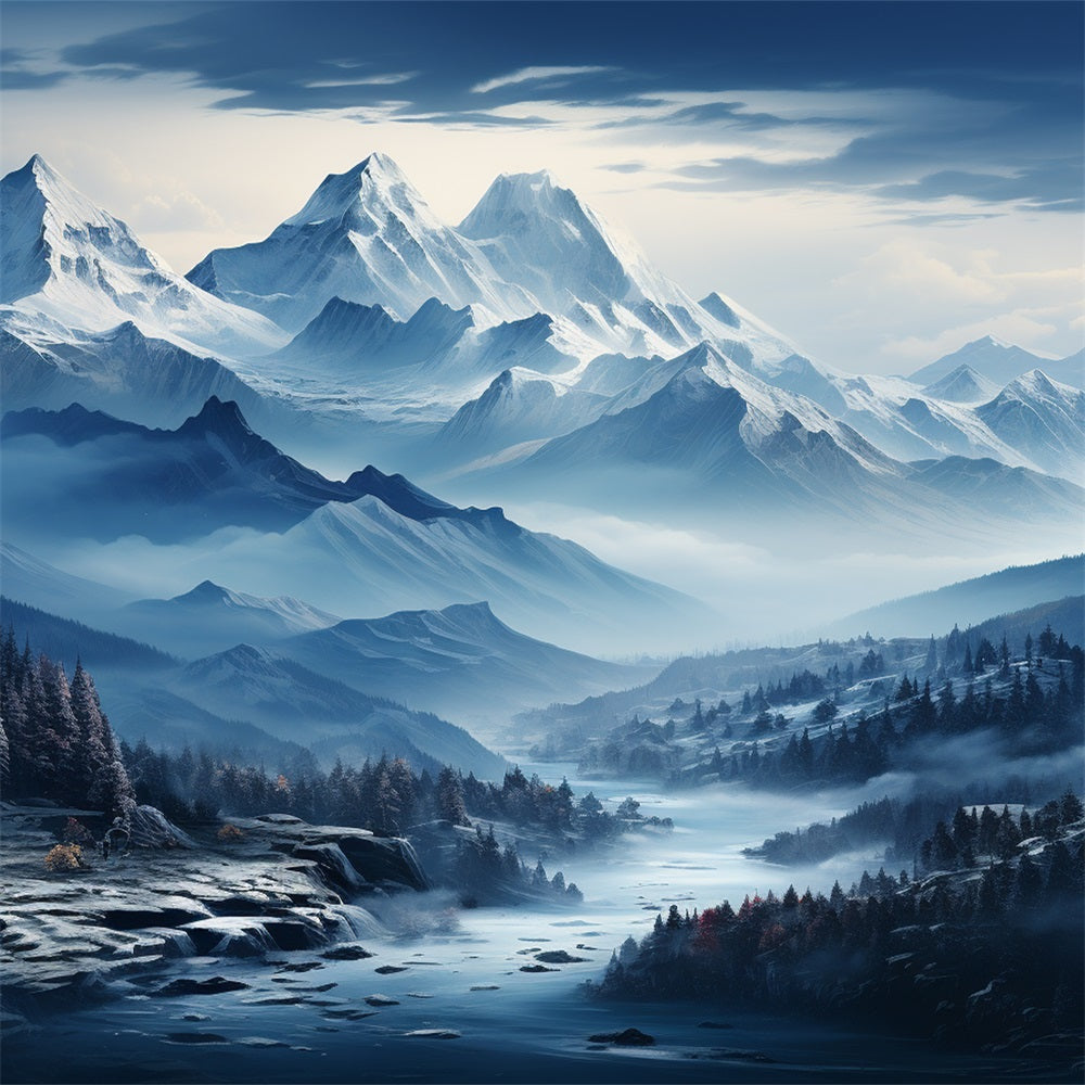 Winter Photography Backdrops Snowy Blue Mountain River Backdrop BRP11-258