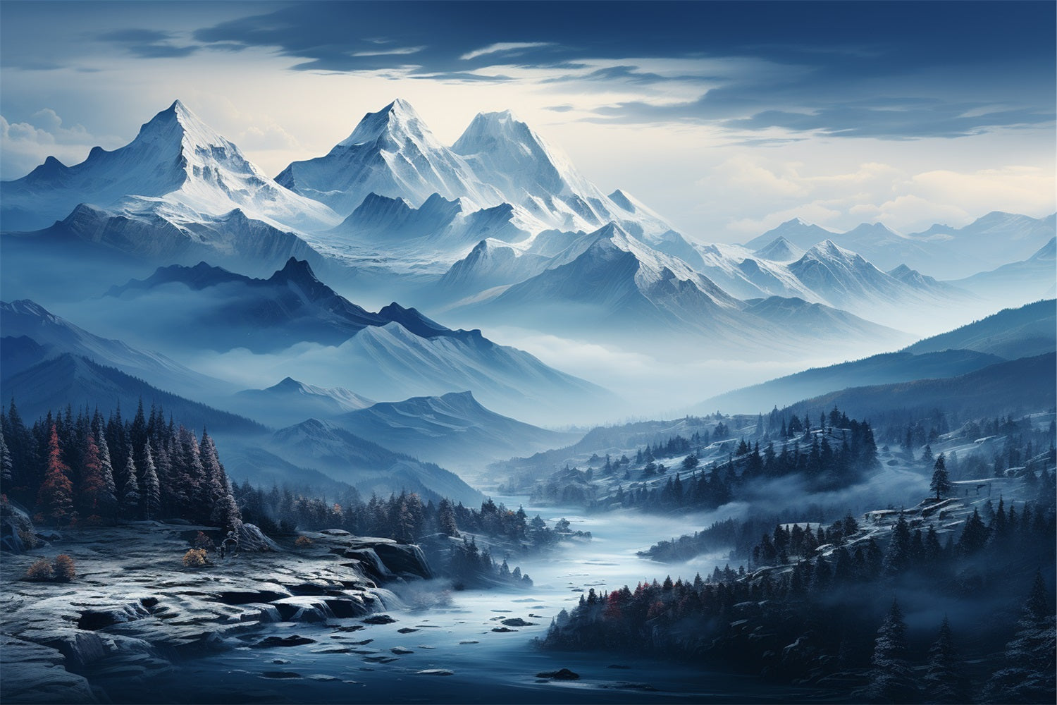 Winter Photography Backdrops Snowy Blue Mountain River Backdrop BRP11-258