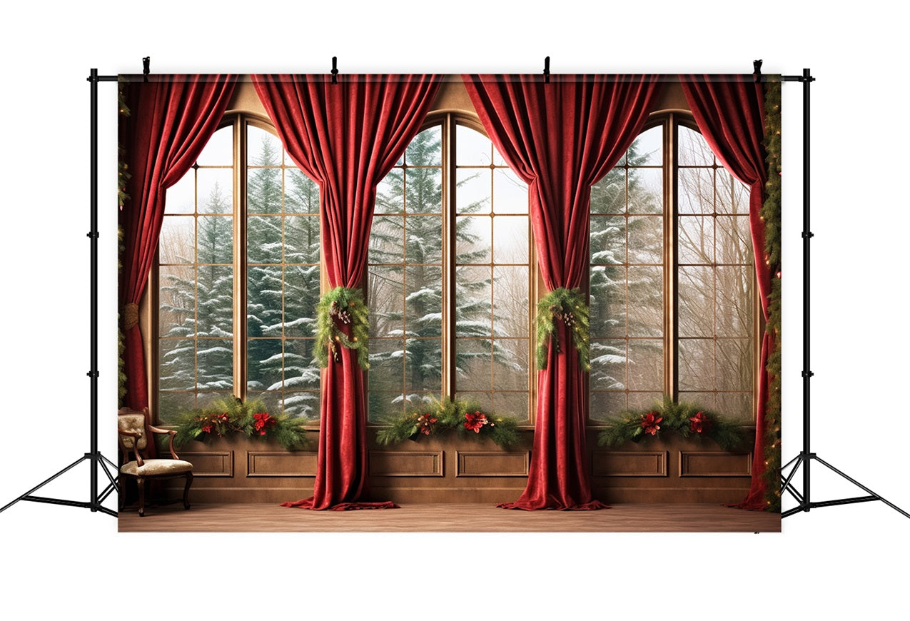 Winter Photo Backdrops Red Drapes Snowy Forest Backdrop BRP11-270