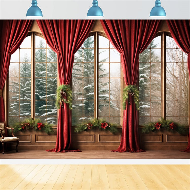 Winter Photo Backdrops Red Drapes Snowy Forest Backdrop BRP11-270