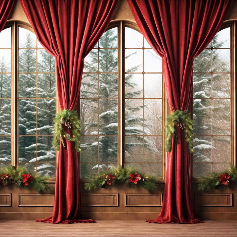 Winter Photo Backdrops Red Drapes Snowy Forest Backdrop BRP11-270