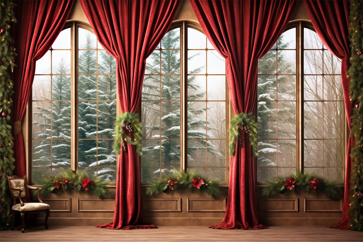 Winter Photo Backdrops Red Drapes Snowy Forest Backdrop BRP11-270
