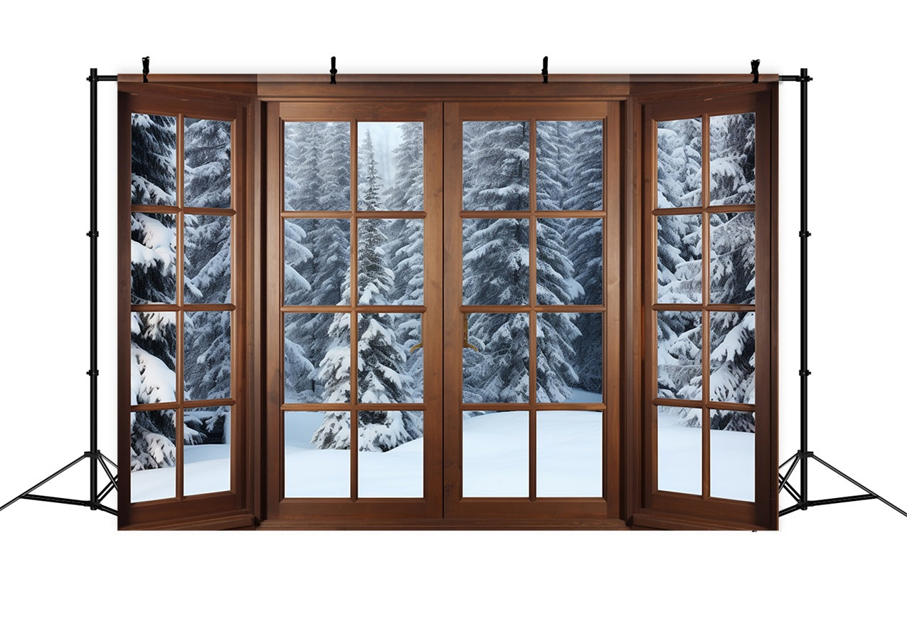 Winter Backdrop Ideas Snowy Pine Forest Through Window Backdrop BRP11-273