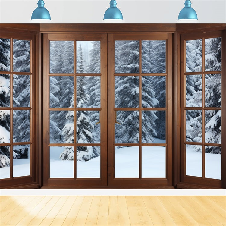 Winter Backdrop Ideas Snowy Pine Forest Through Window Backdrop BRP11-273