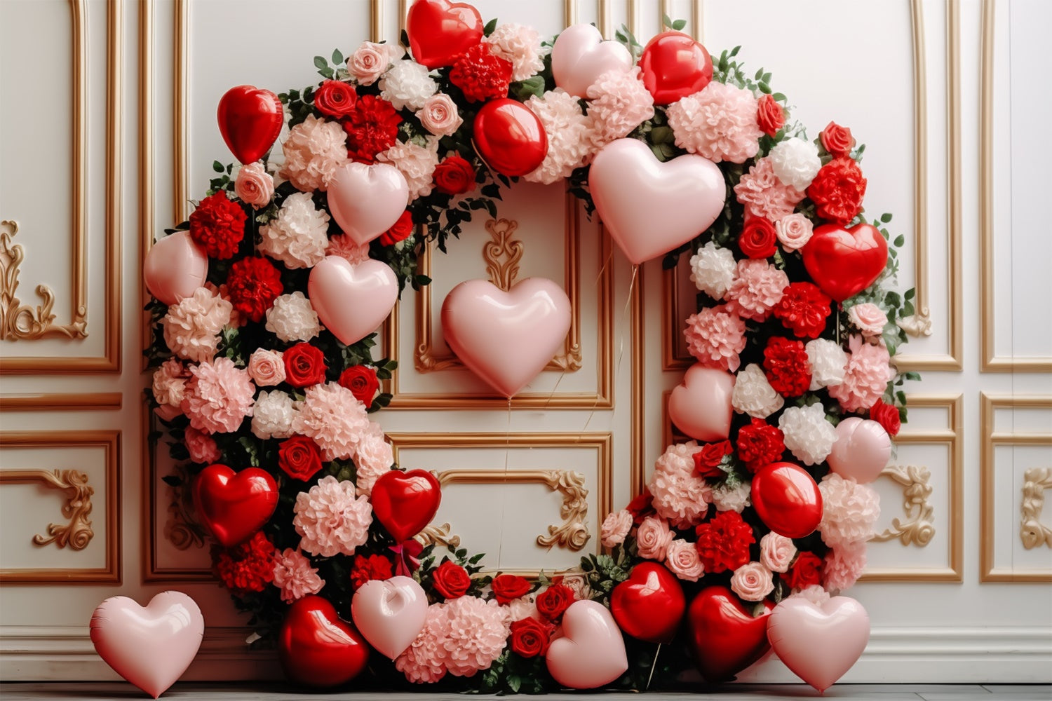 Valentines Photo Backdrop Rose Wreath Heart Balloons Backdrop BRP11-312