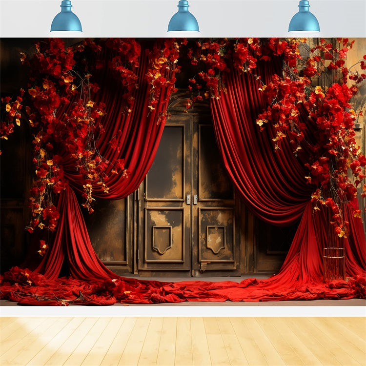 Valentines Photo Booth Backdrop Red Drapes Flowers Backdrop BRP11-395