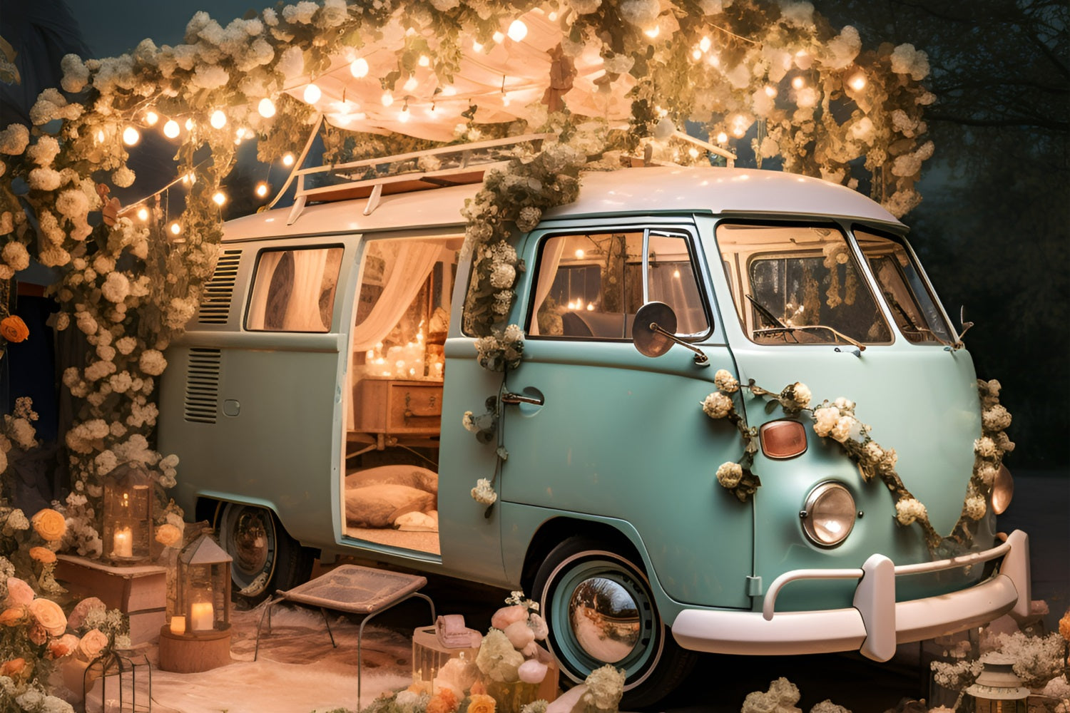Valentine's Backdrop Vintage Van Lights Flowers Backdrop BRP11-406