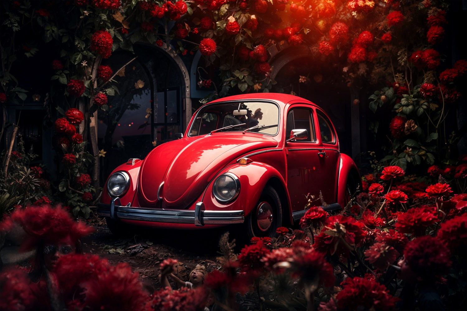 Valentine's Day Photo Backdrop Crimson Car Flowers Backdrop BRP11-413