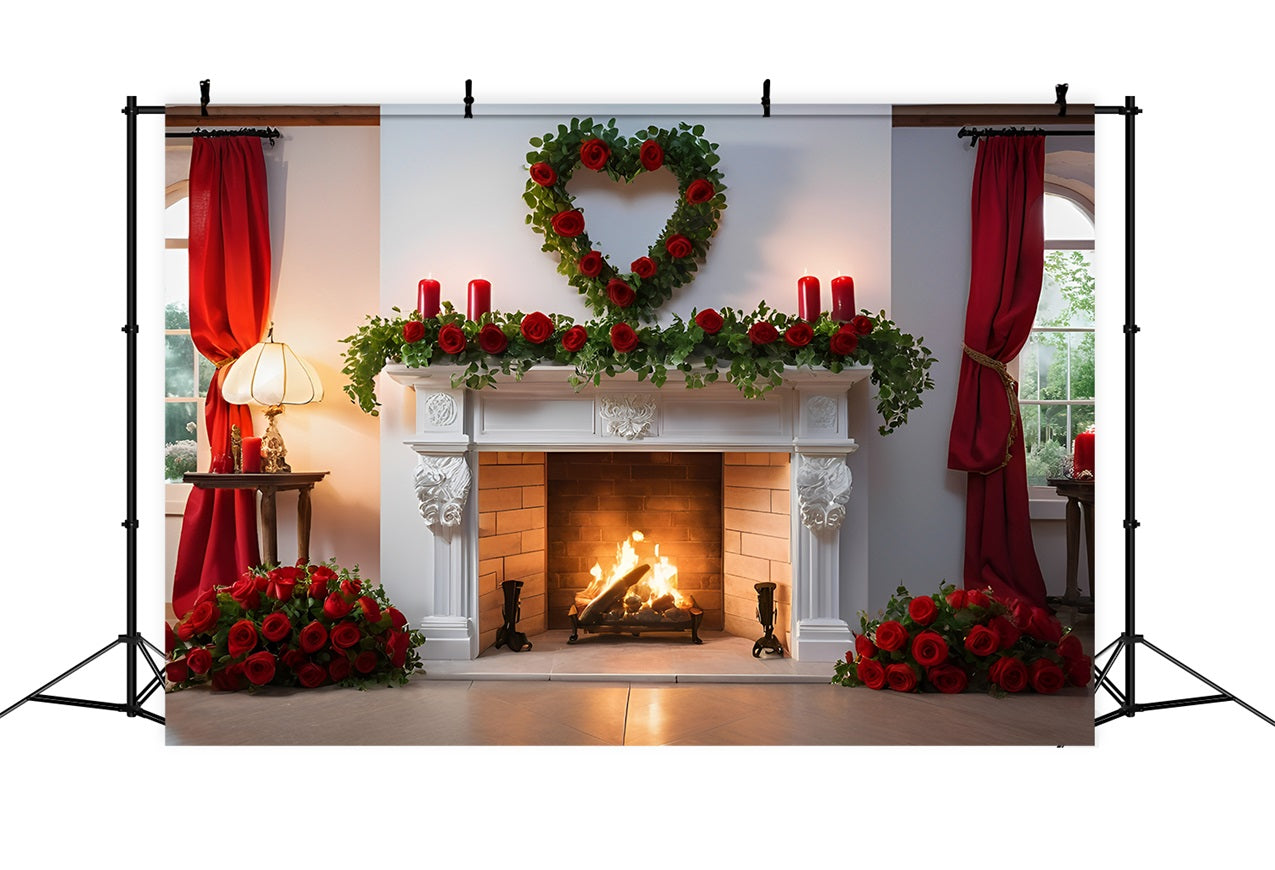 Valentines Backdrop Ideas White Fireplace Roses Decor Backdrop BRP11-422