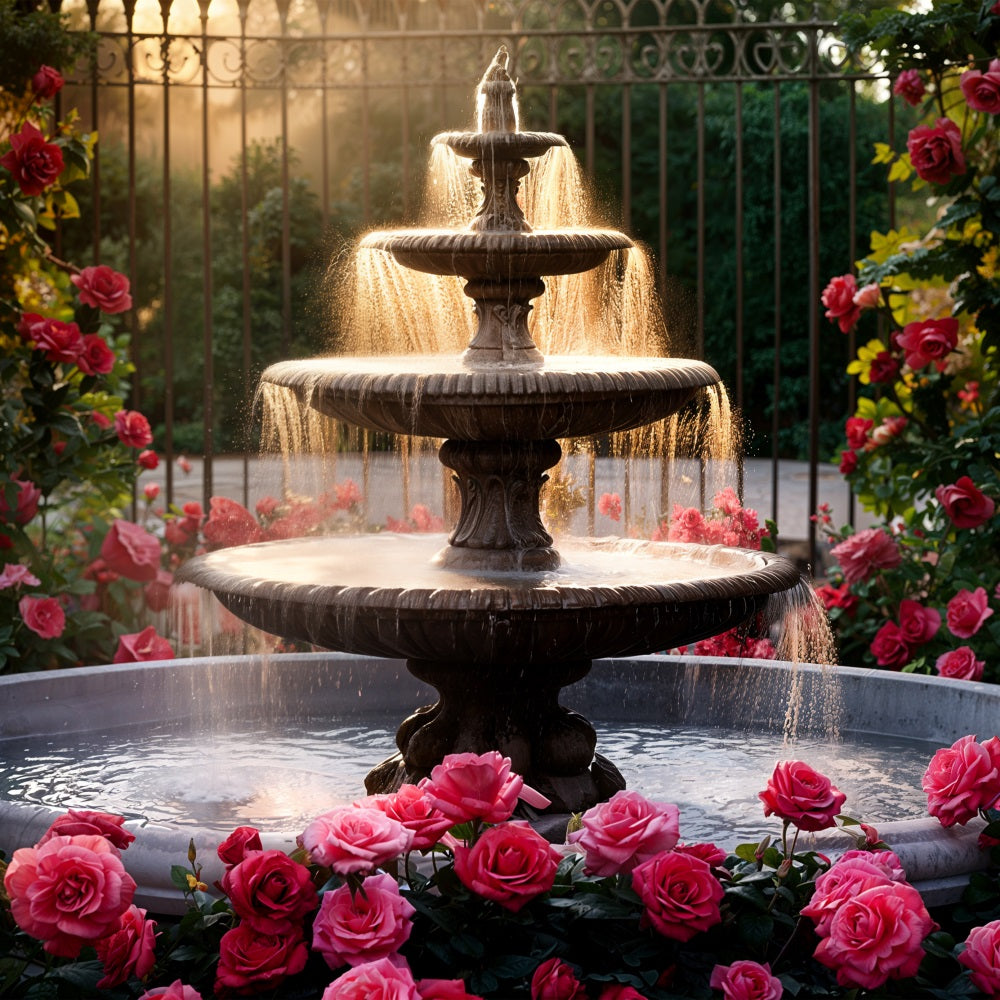 Valentines Photography Backdrops Three-Tier Fountain Pink Roses Backdrop BRP11-426