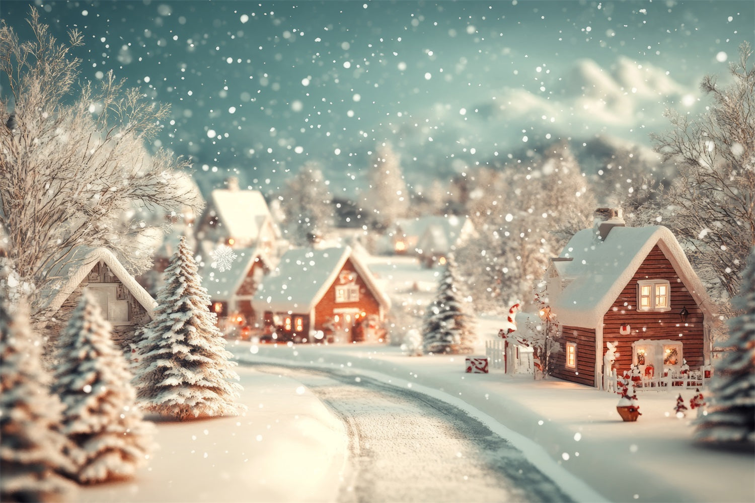 Winter Backdrop Cozy Village Snowfall Backdrop BRP11-487