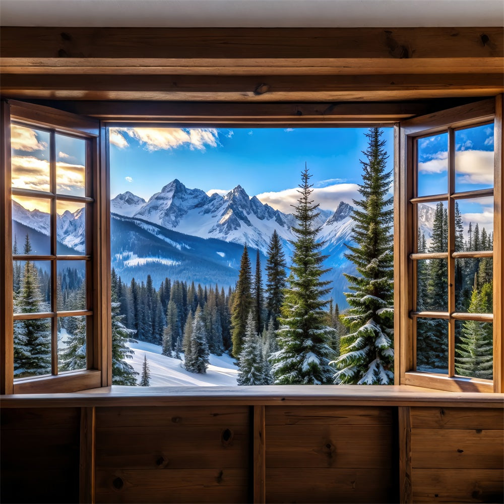 Winter Backdrop Majestic Snowy Mountain Peaks Window Backdrop BRP11-499