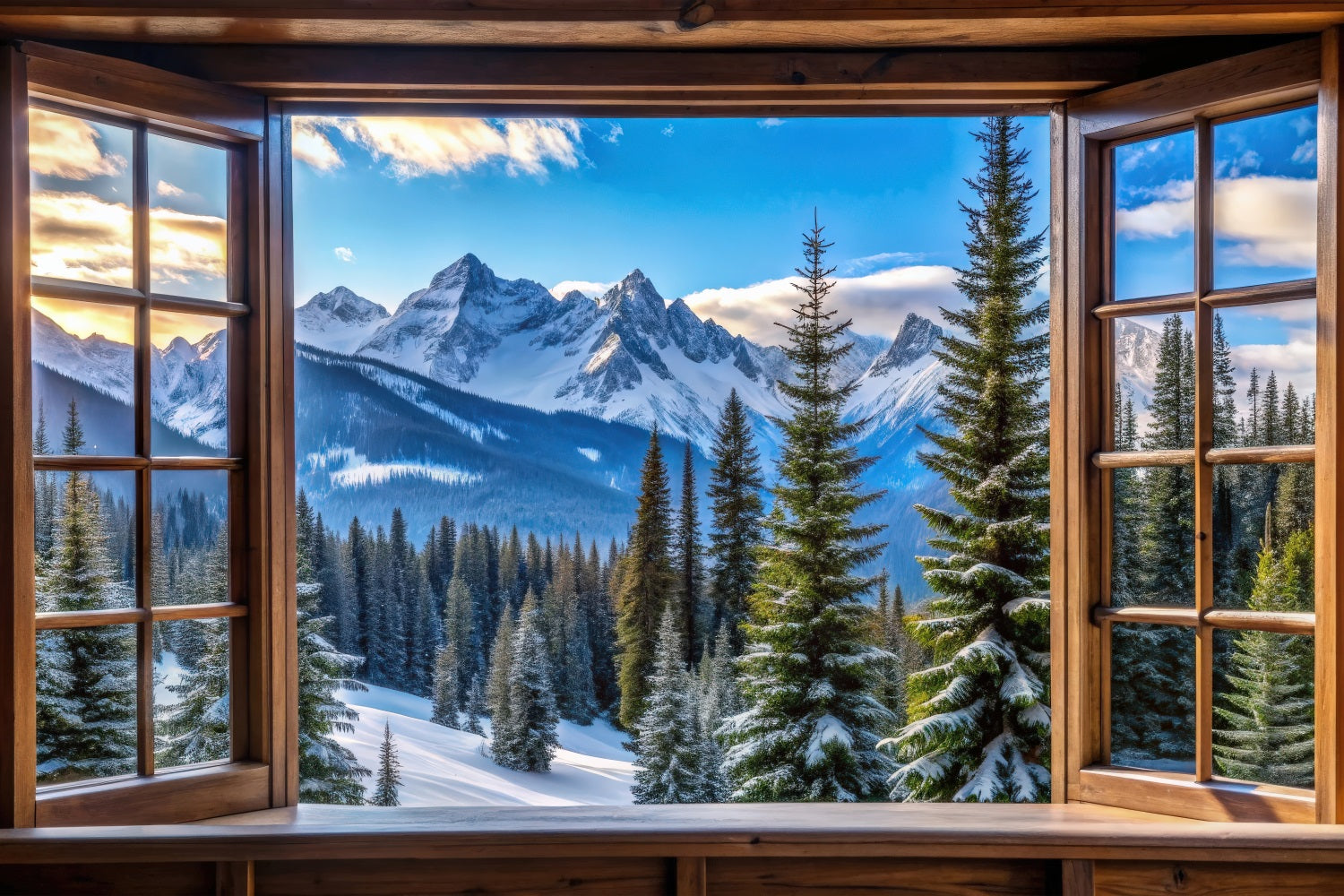 Winter Backdrop Majestic Snowy Mountain Peaks Window Backdrop