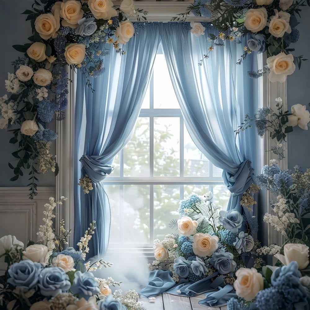 Backdrops For Spring Blue Curtain Window Rose Backdrop BRP11-531