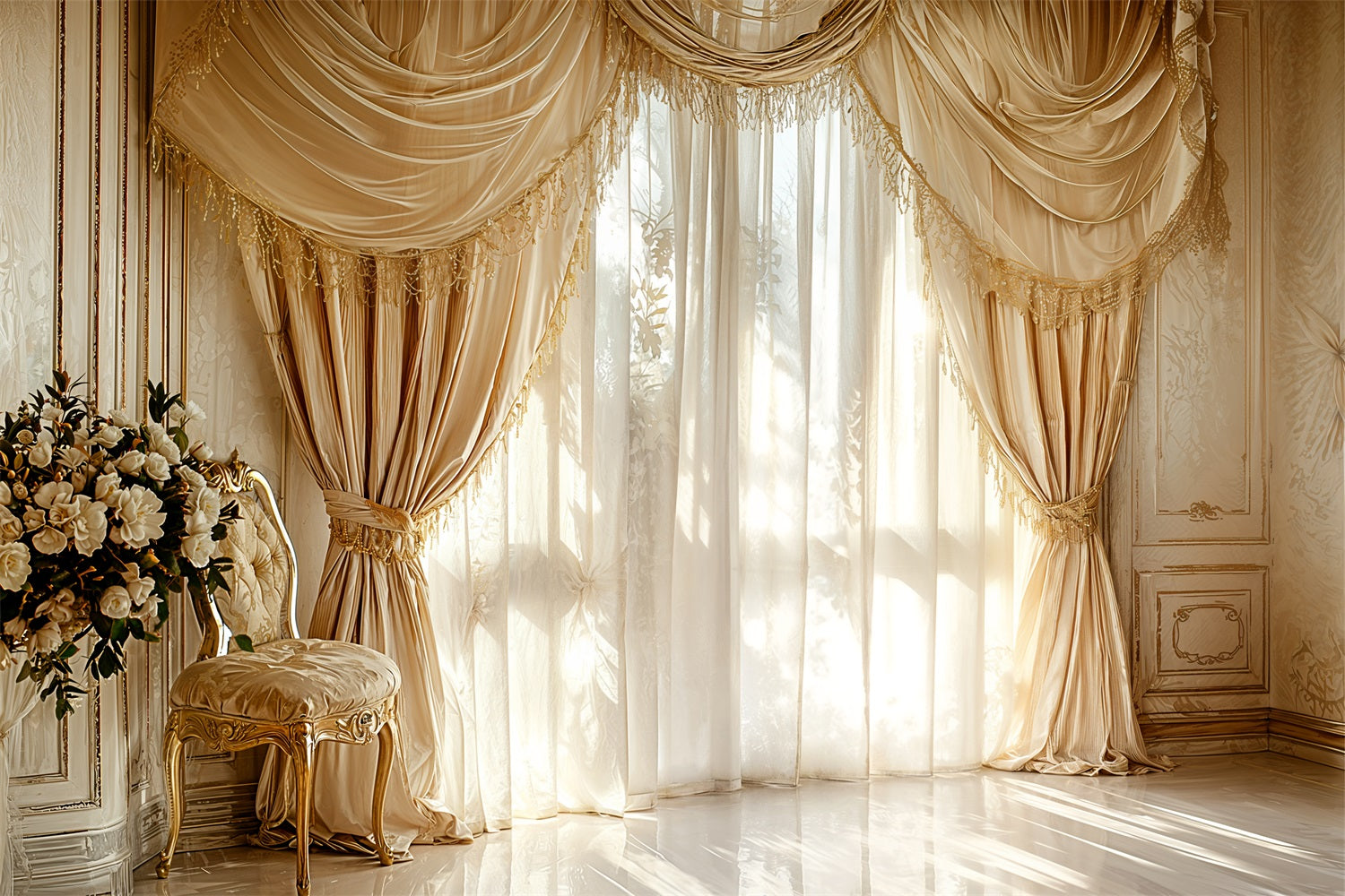 Photo Backdrop Vintage Golden Tassel Curtains Window Backdrop BRP11-581