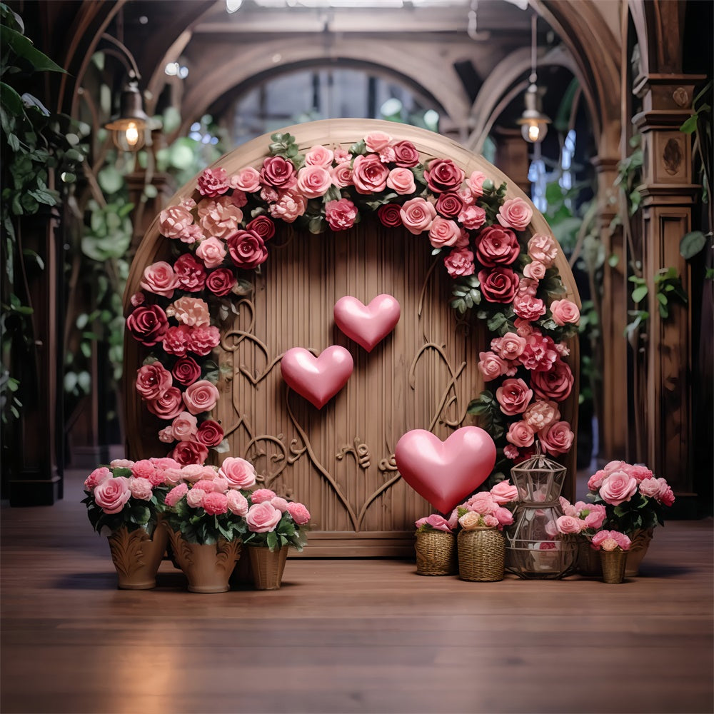 Photography Valentines Backdrops Wooden Archway Floral Heart Backdrop BRP12-173
