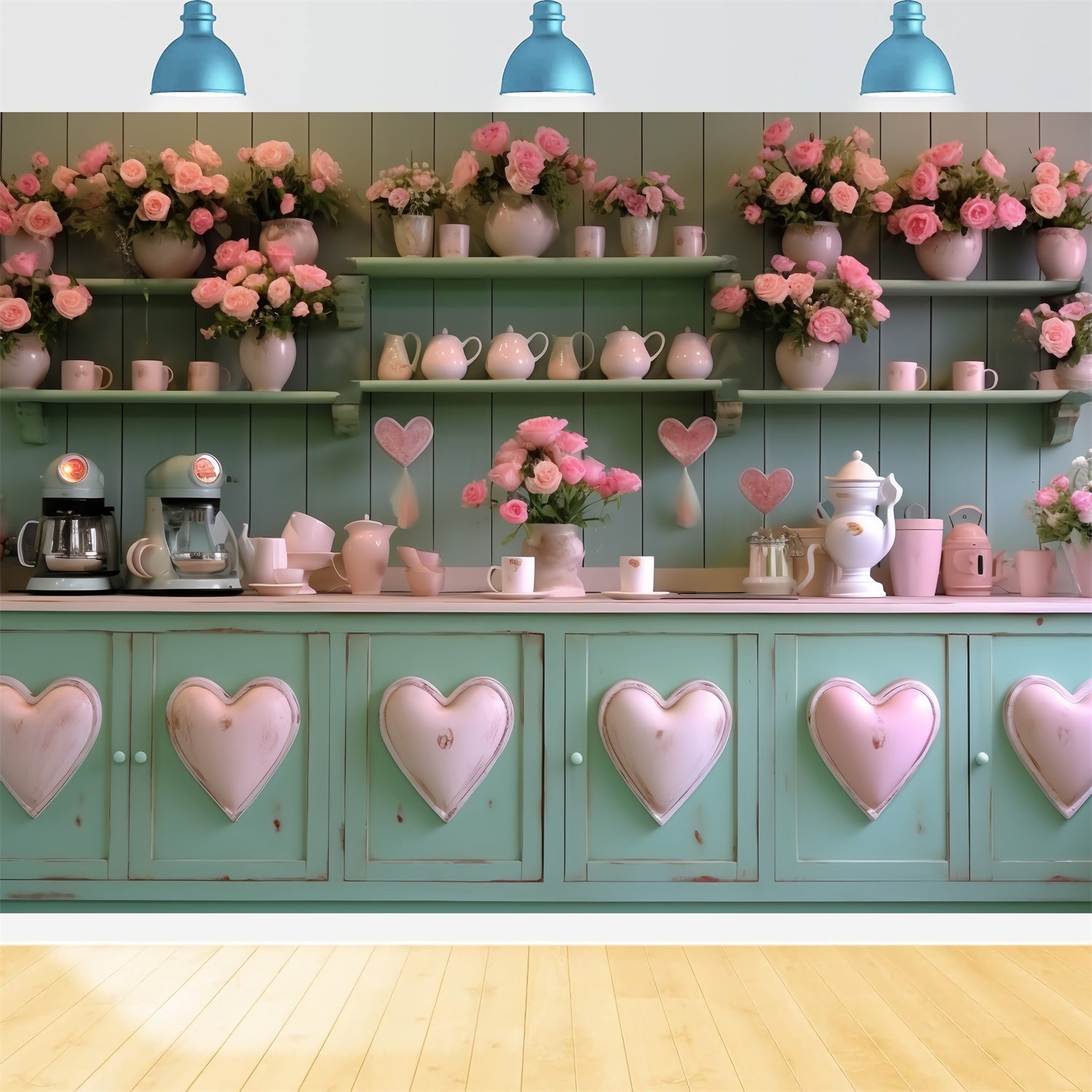 Valentine's Day Backdrop Kitchen Green Heart Cabinet Backdrop BRP12-200