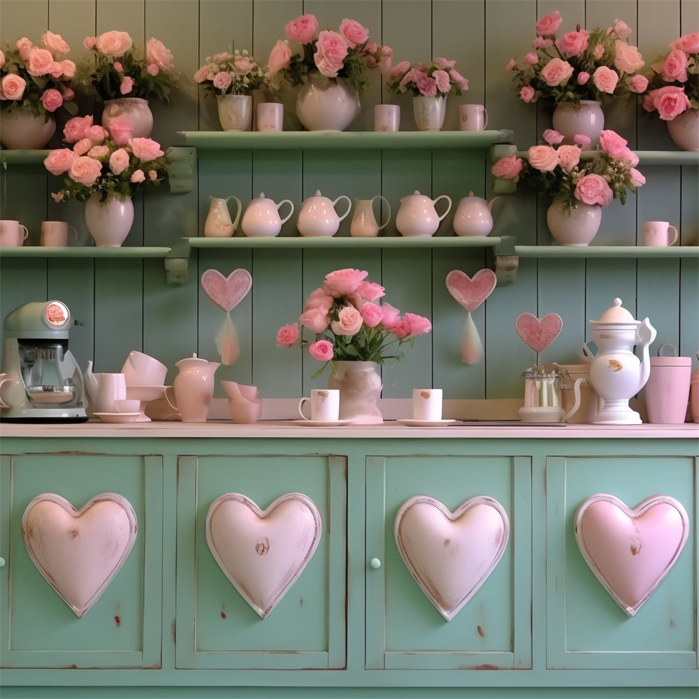 Valentine's Day Backdrop Kitchen Green Heart Cabinet Backdrop BRP12-200