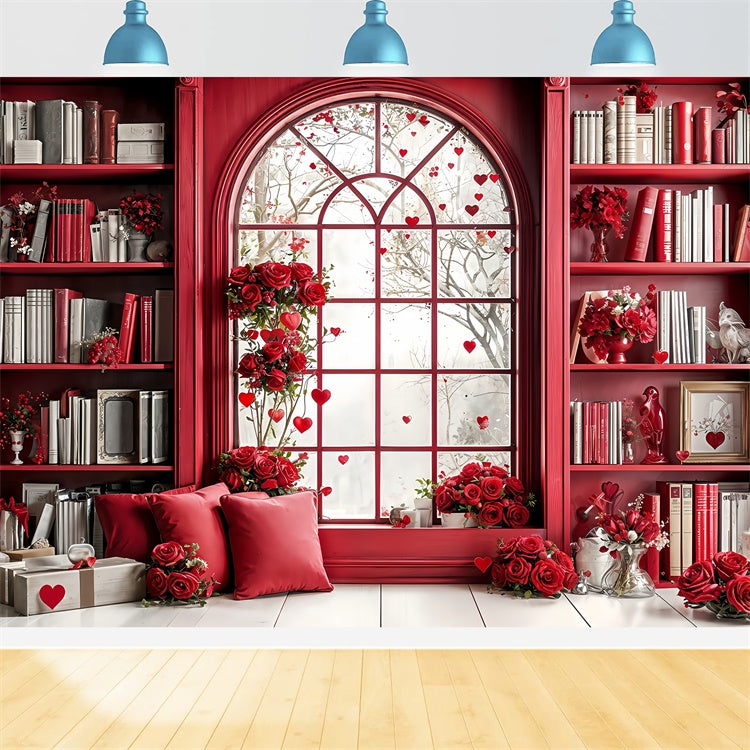 Valentine Photography Backdrop Red Themed Library Window Roses Backdrop BRP12-242