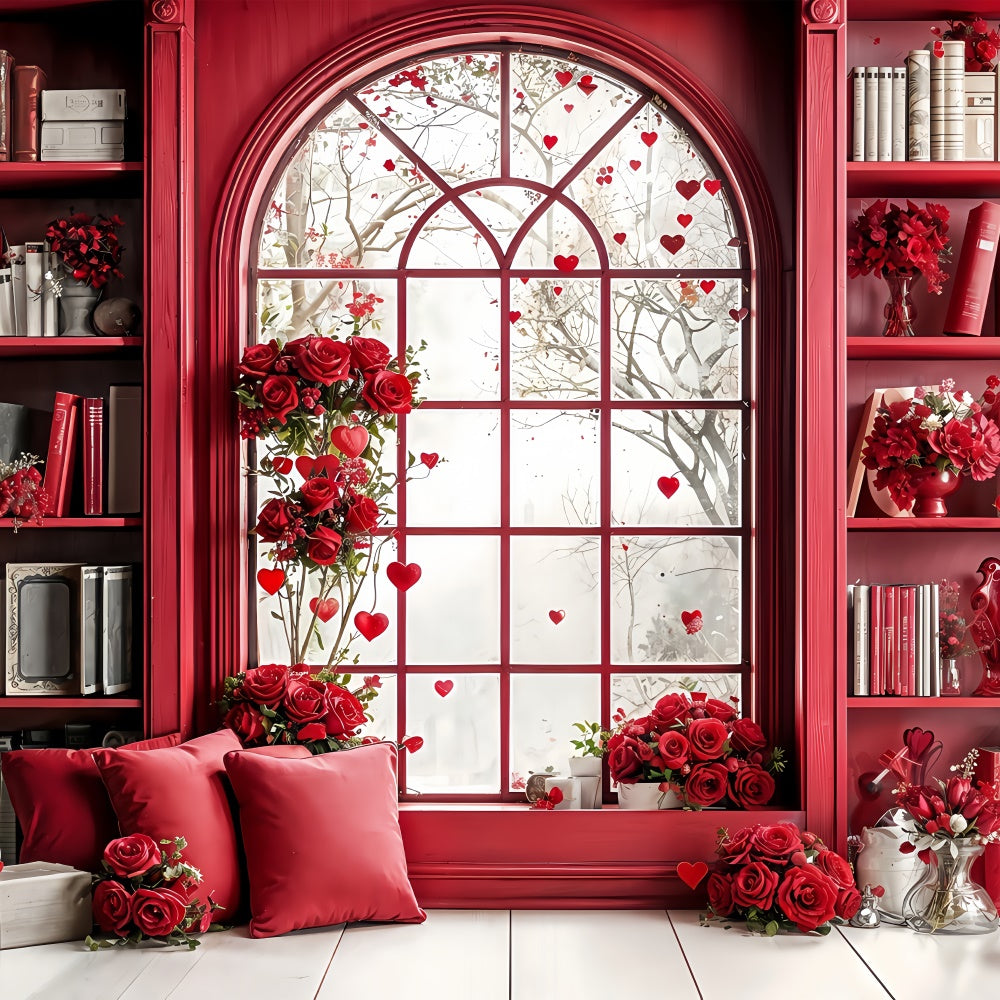 Valentine Photography Backdrop Red Themed Library Window Roses Backdrop BRP12-242