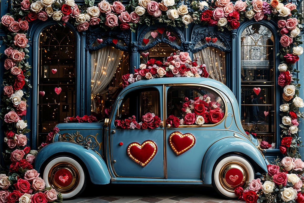 Valentine Day Backdrop Love-Themed Blue Car Floral Backdrop BRP12-259