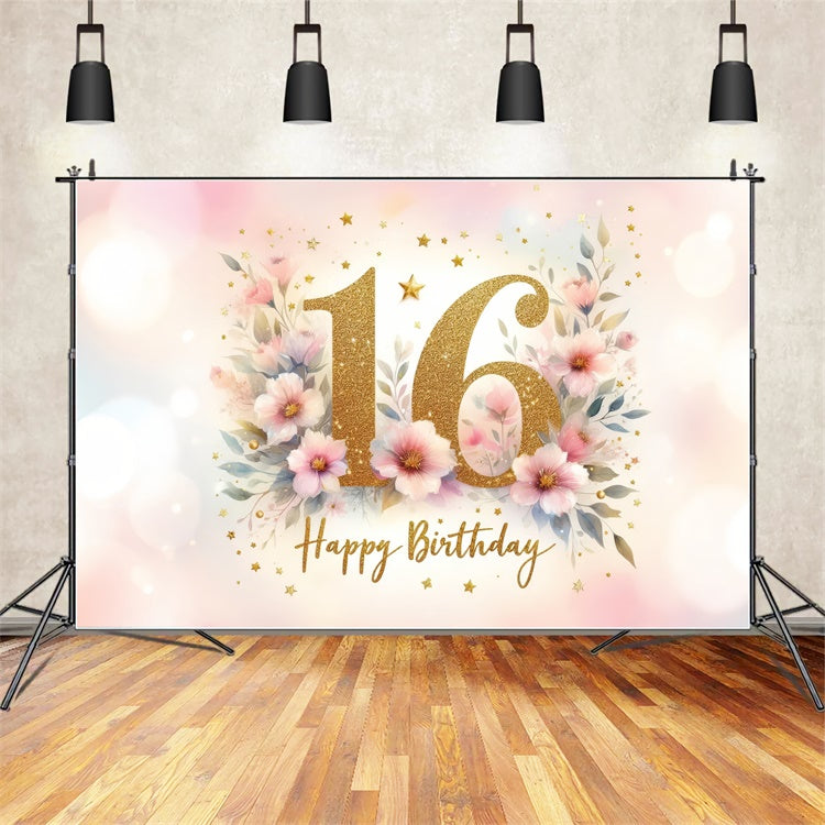 Birthday Backdrops Pink Gold Floral Sweet 16 Party Backdrop BRP12-288