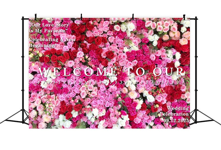 Personalized Wedding Backdrop Vibrant Pink Red Rose Backdrop BRP12-349