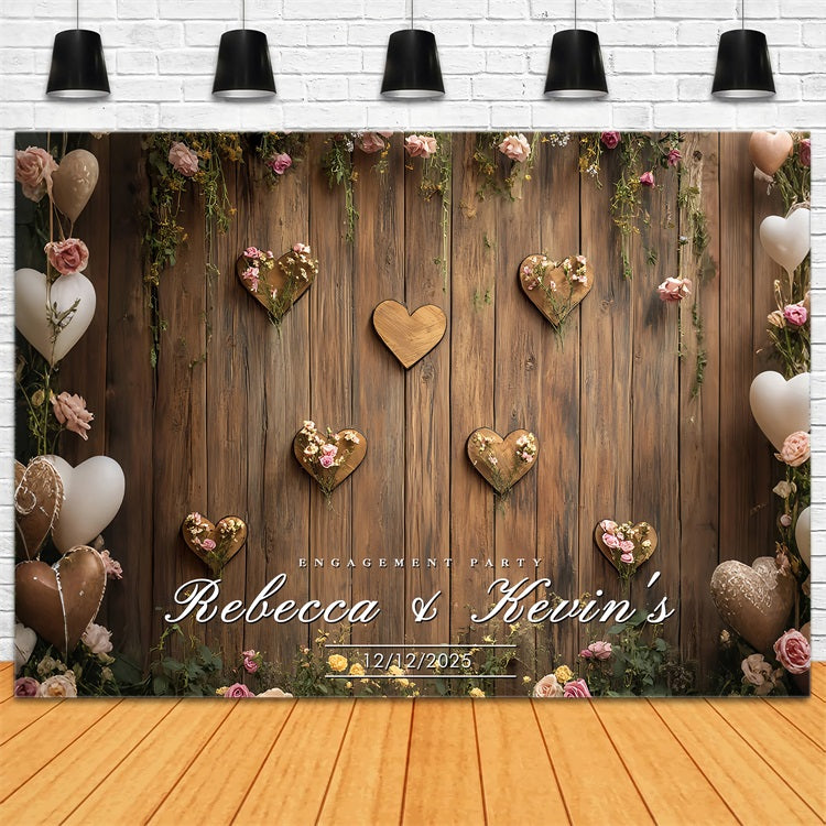 Personalised Wedding Backdrop Wooden Hearts Floral Engagement Party Backdrop BRP12-368