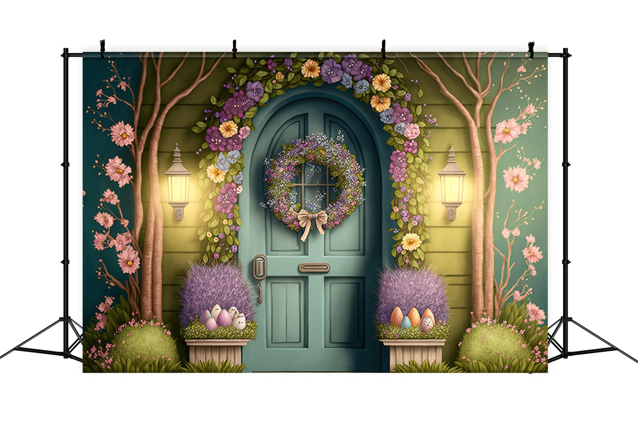 Photography Easter Backdrop Blooming Wreath Green Door Backdrop BRP12-391