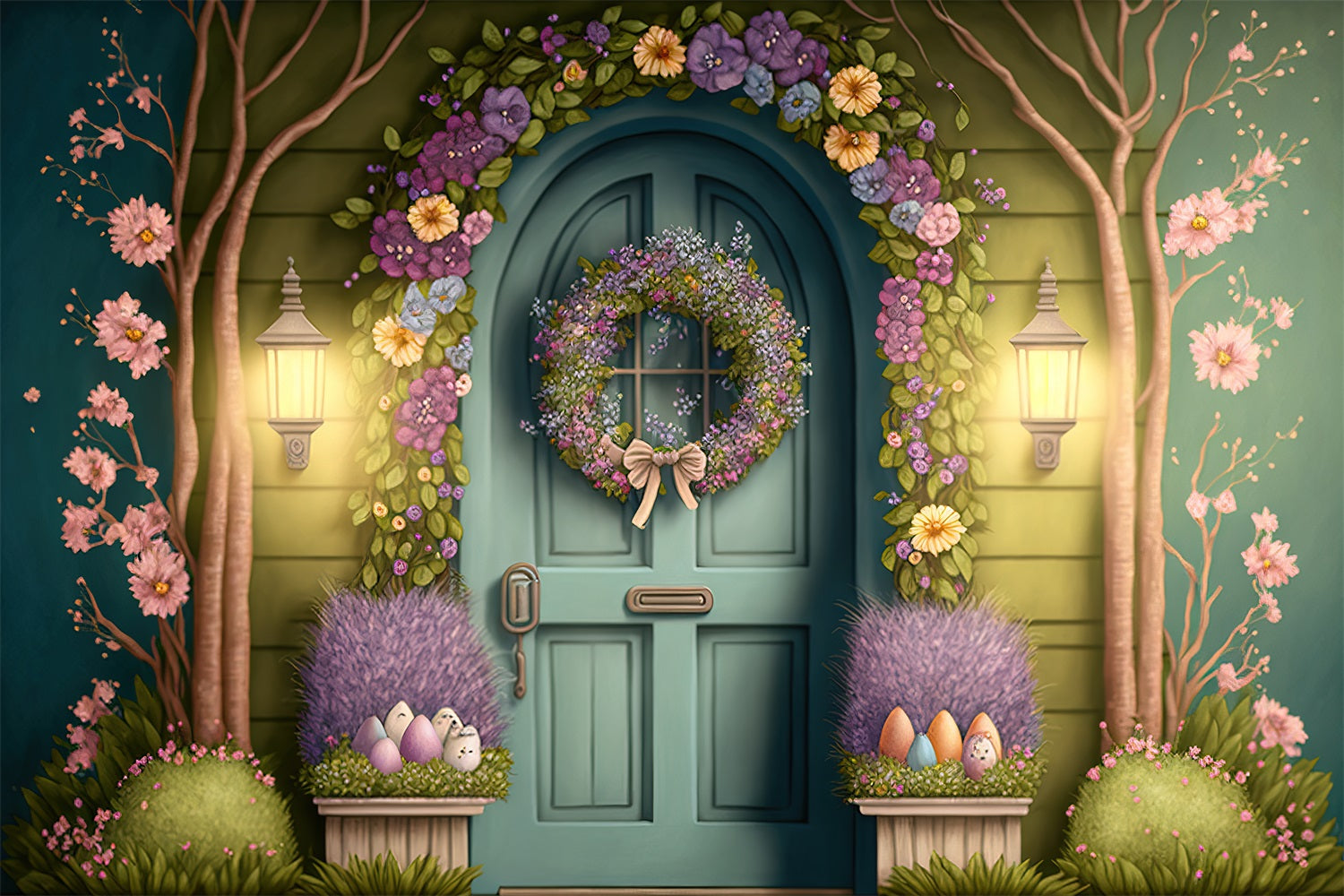 Photography Easter Backdrop Blooming Wreath Green Door Backdrop BRP12-391