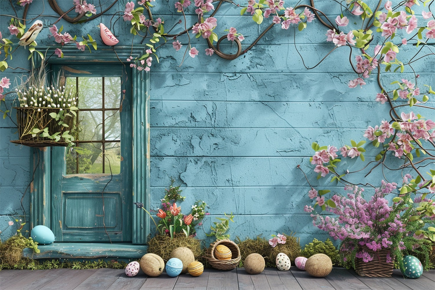 Easter Photo Backdrop Rustic Window Flower Vines Backdrop BRP12-398