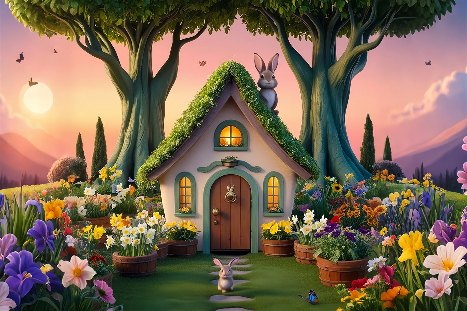 Easter Photography Backdrop Vibrant Bunny GardenTrees Backdrop BRP12-416