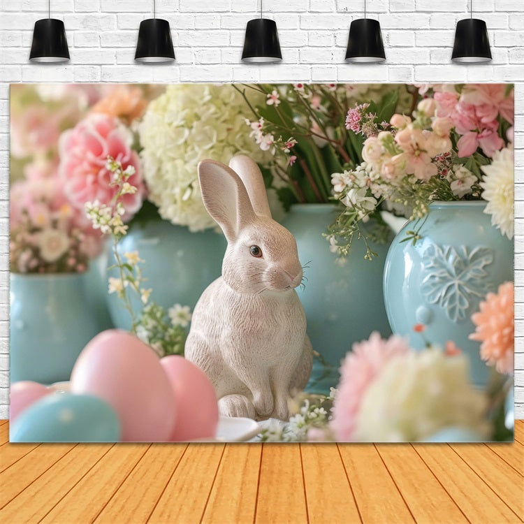 Photography Easter Backdrop Floral Bunny Statue Scene Backdrop BRP12-423