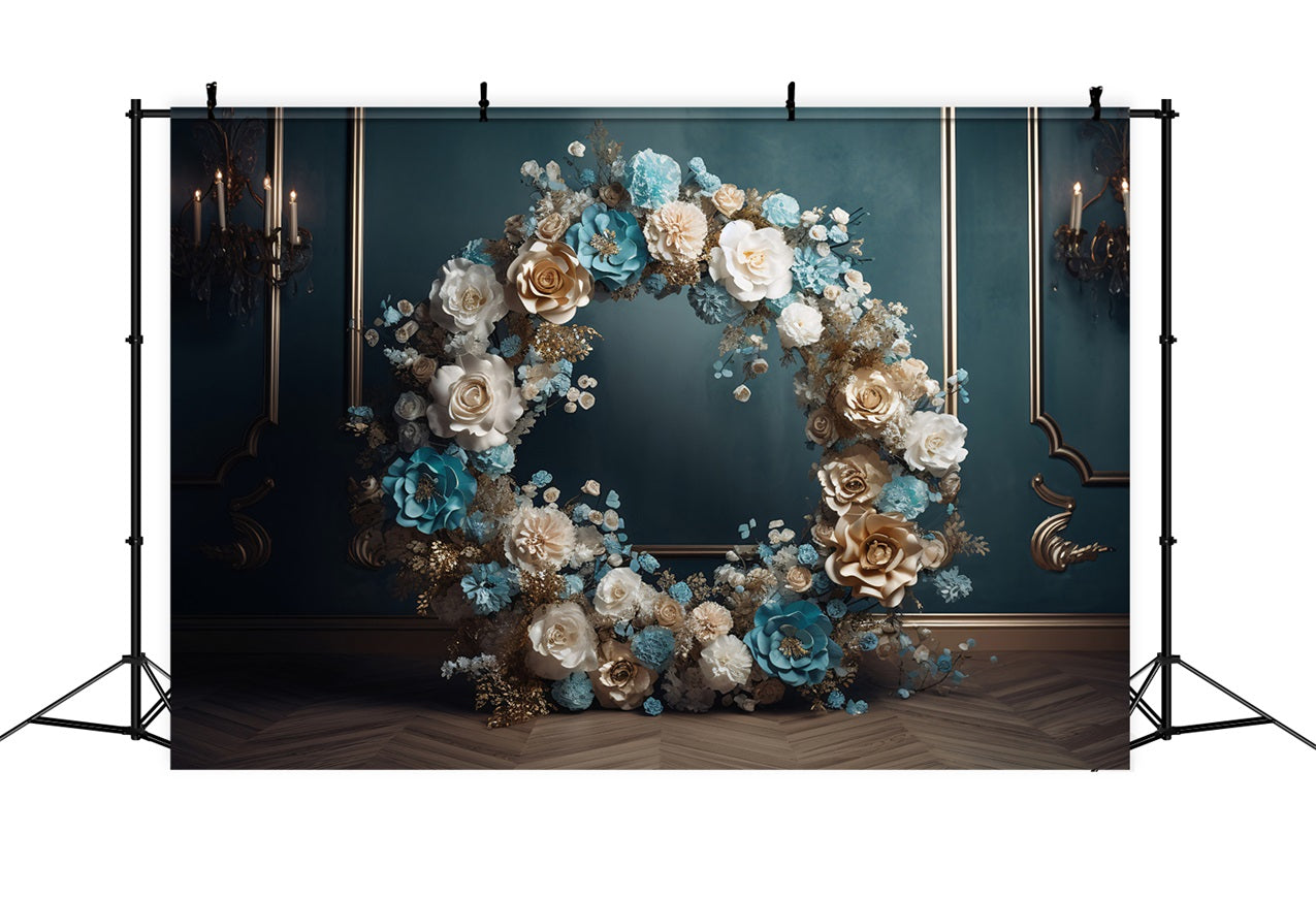 Maternity Backdrop Blue Gold White Floral Wreath Backdrop BRP12-43