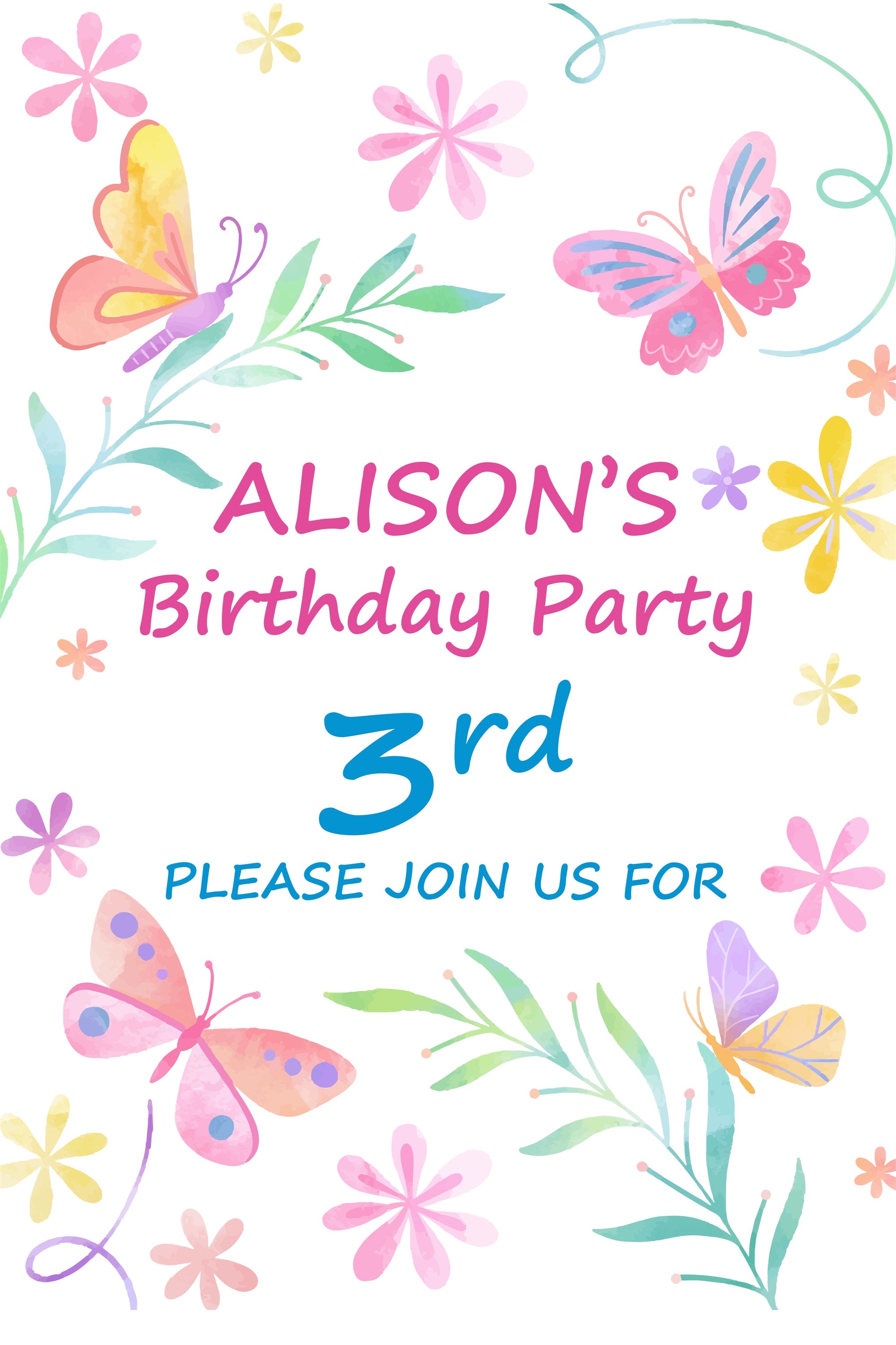 Customized Backdrop For Birthday 3rd Watercolor Butterfly Garden Backdrop BRP2-116