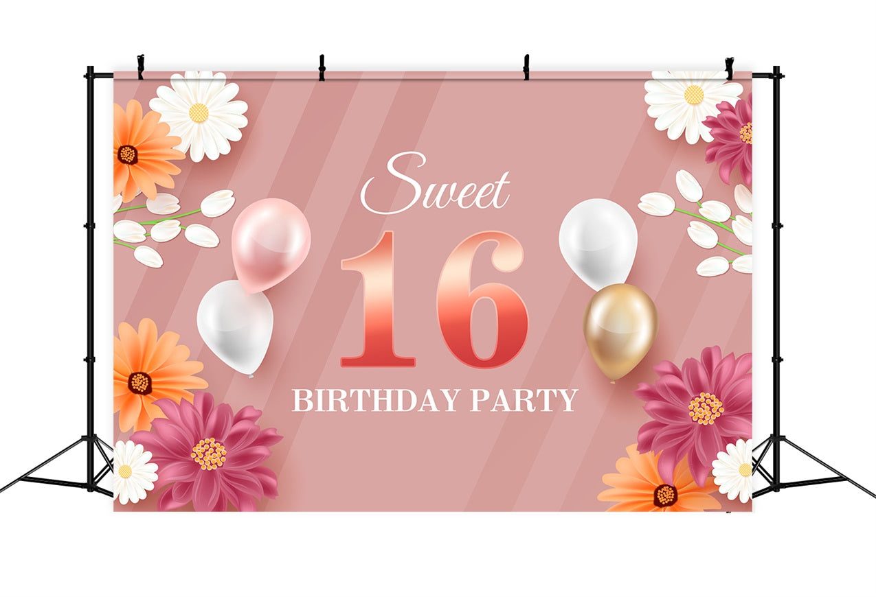 Personalised Backdrop Birthday Floral Sweet 16 Balloon Backdrop BRP2-228
