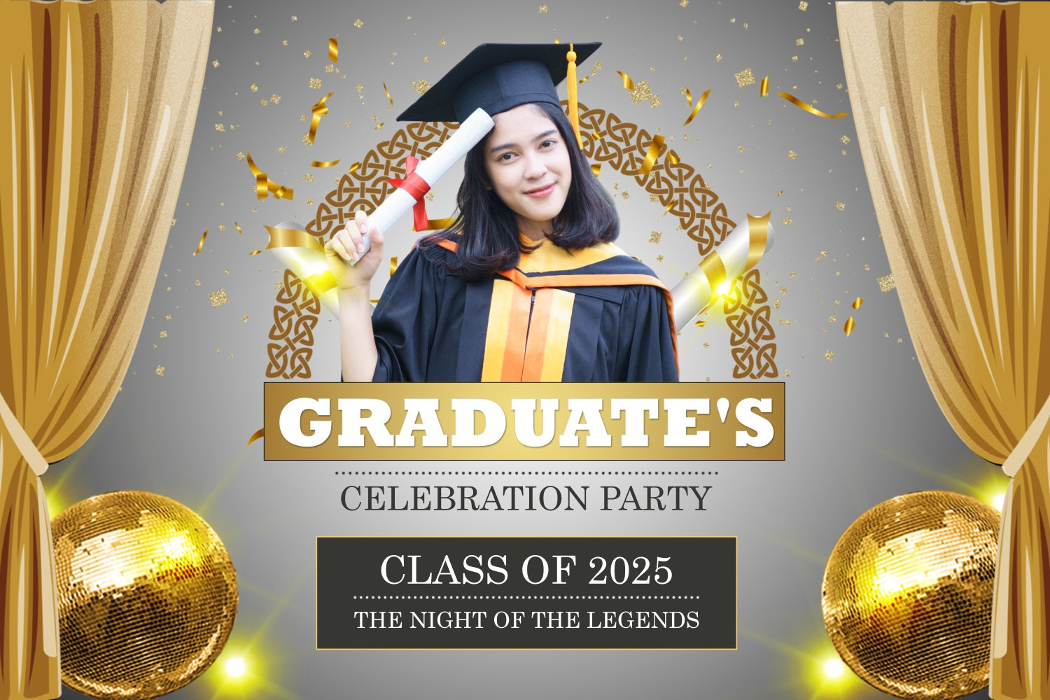 Custom Graduation Backdrop 2025 Festive Golden Graduation Party Backdrop BRP2-286
