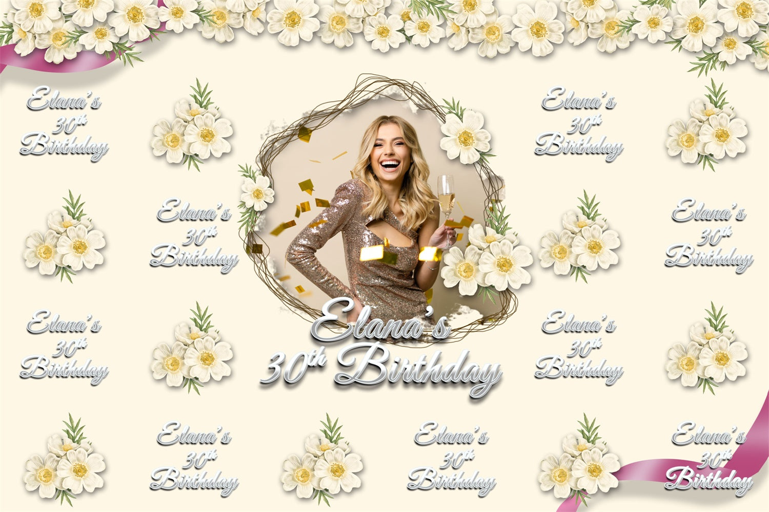 Custom Made Birthday Backdrops Classy Ivory Bloom 30th Backdrop BRP3-103