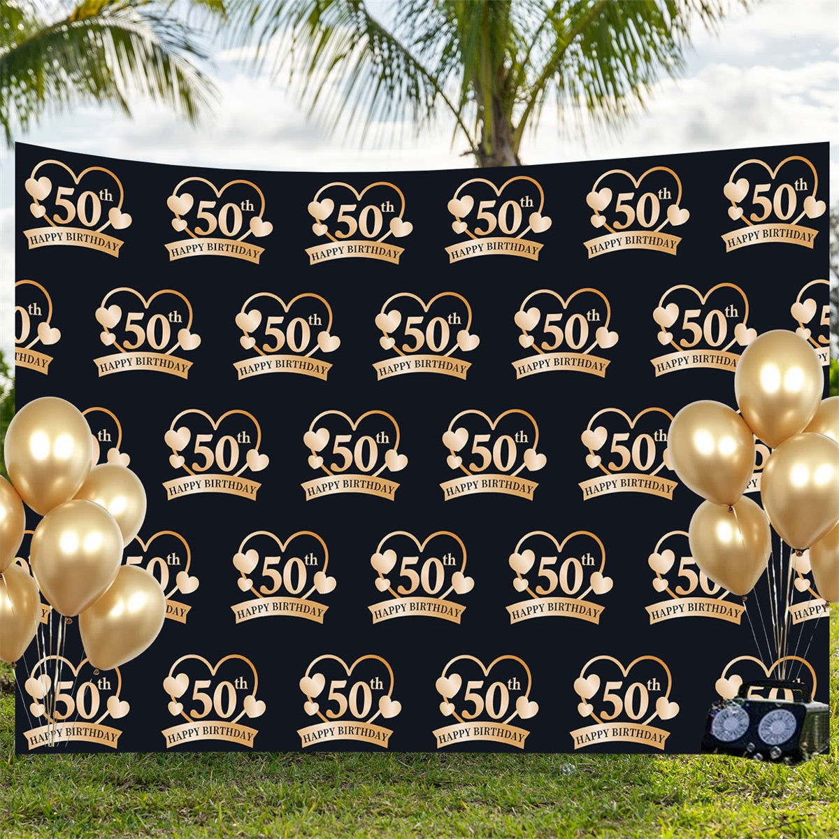 Personalized 50th Birthday Backdrop Golden Hearts Backdrop BRP3-107