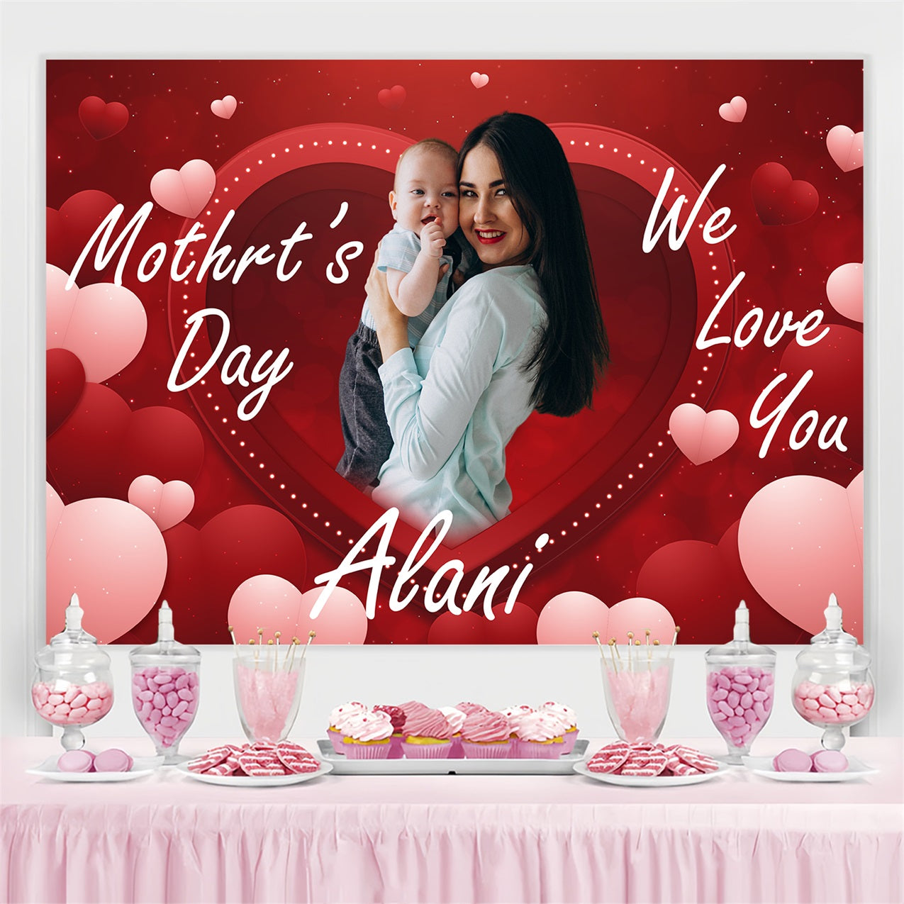 Mother Day Backdrop Red Hearts Celebration Personalized Backdrop BRP3-129